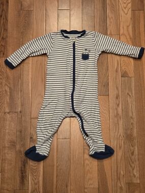 5/$20 Tuffy 9M Striped Navy Footed ZipUp Onsie Sleeper Pajamas w Cute Tool Print